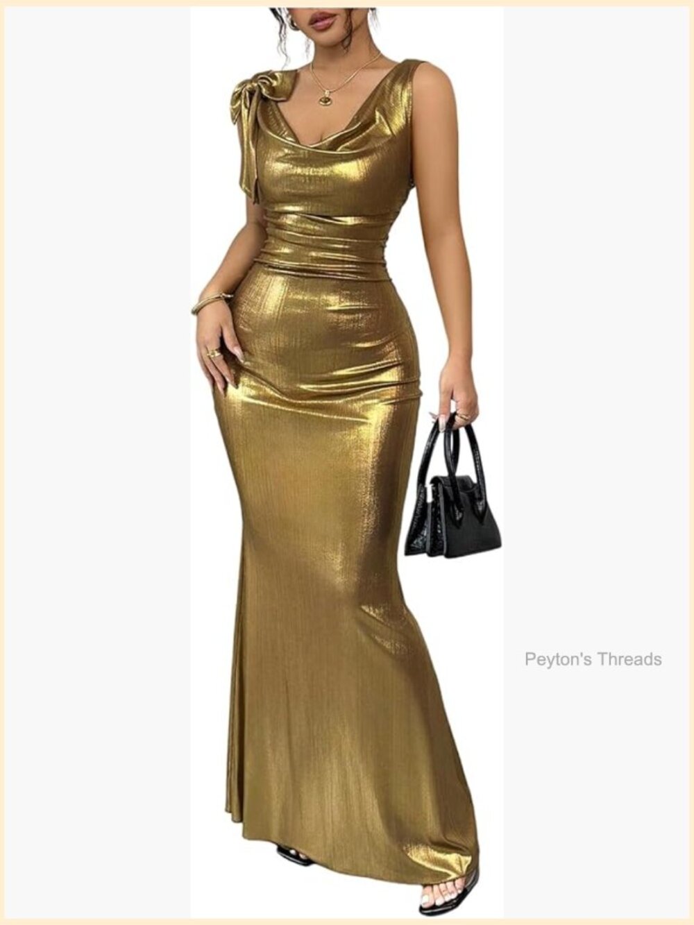 Sexy Open Back Shiny Metallic Maxi Dress Cowl Neck Bow Bodycon Party Dress